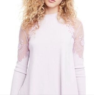 FREE PEOPLE Top Daniella Illusion Lilac Lavender Embroidery Lace Shoulder Large